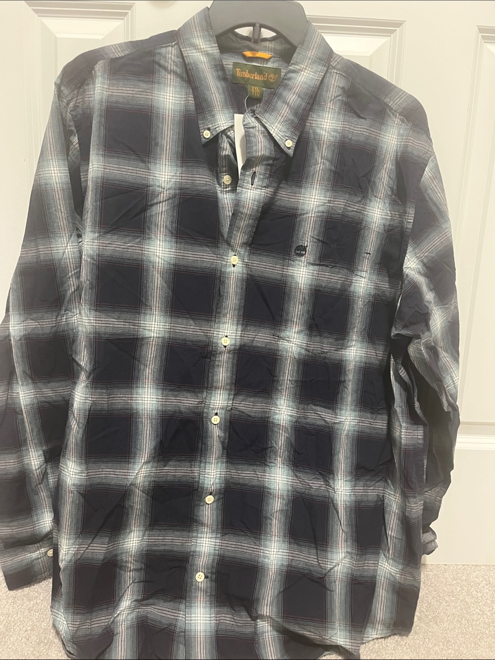 Timberland Men's Navy and White Plaid Button-Down Shirt